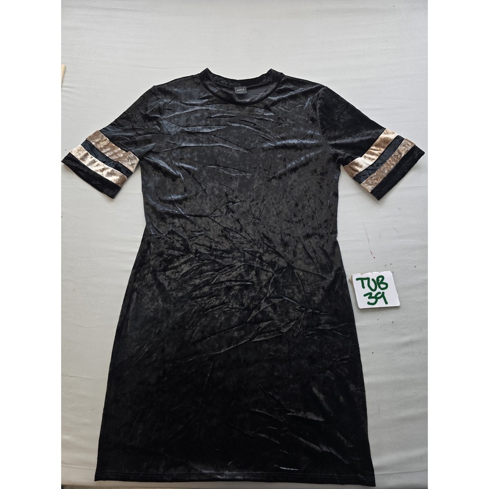 Aria Clothing Black Crushed Velvet T-Shirt Mini Dress Gold Sleeve Stripes Size M